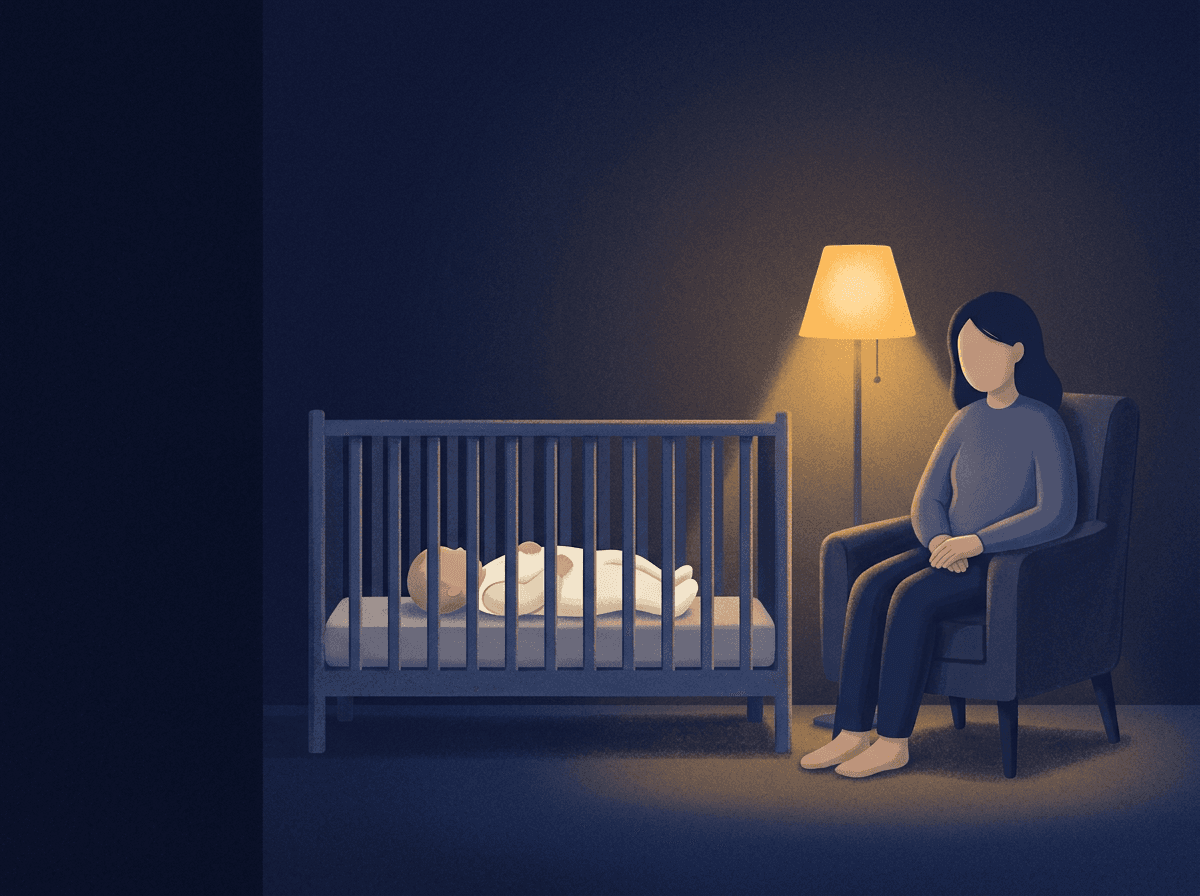 A parent sits calmly in a chair beside their baby's crib in a dim, lamp-lit room.